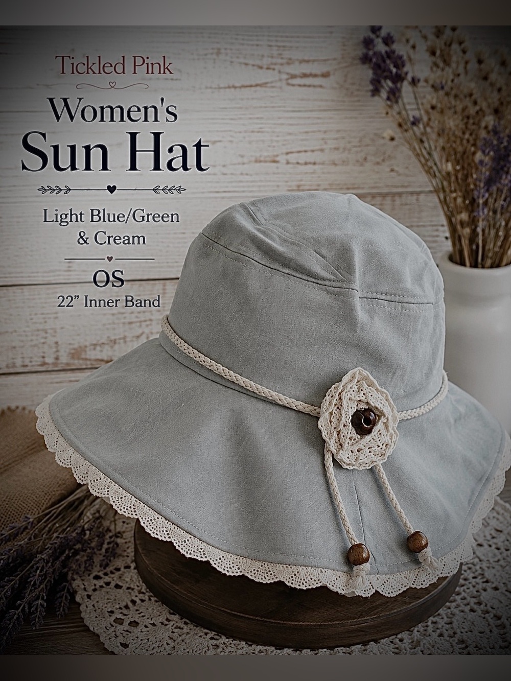 Women's Light Blue/Green & Cream Crochet-Trim Sun Hat with Flower Accent